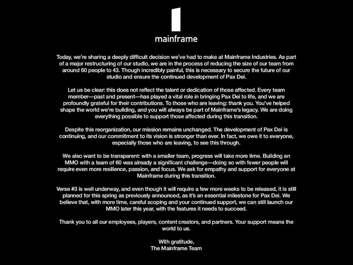 It's never good news to hear about people losing their jobs due to restructuring, but fans are being assured development will continue (Image via Mainframe Industries)